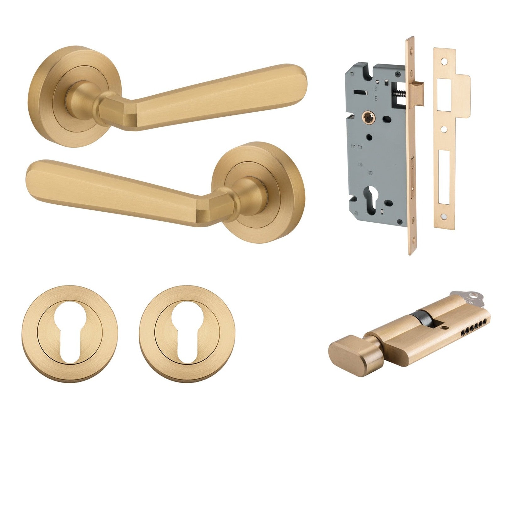 Iver Door Handle Copenhagen Round Rose Key/Thumb Brushed Brass Entrance Kit