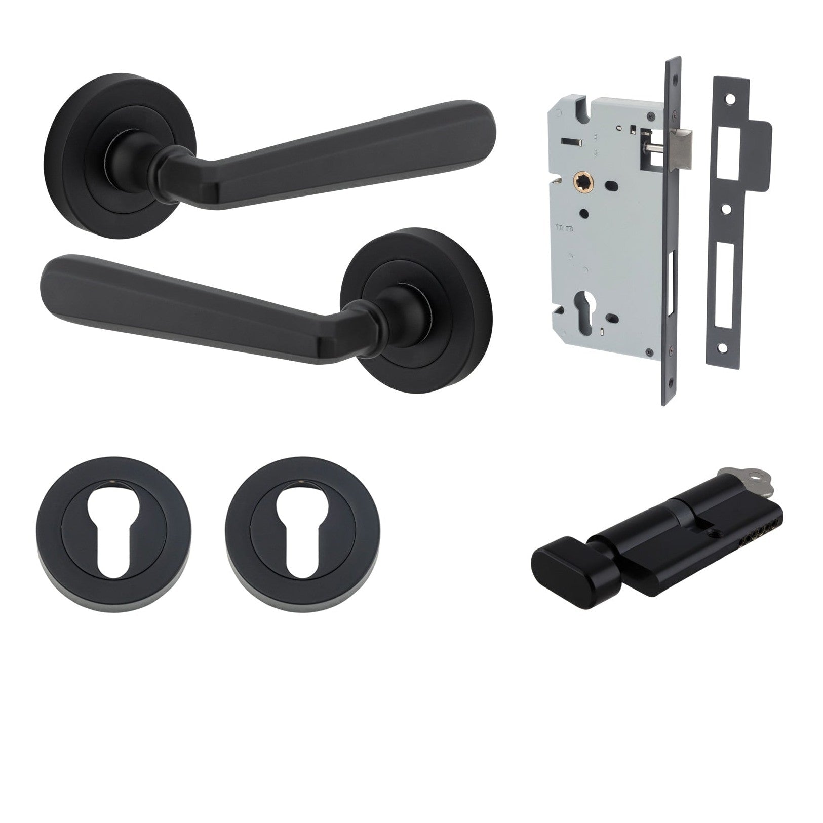 Iver Door Handle Copenhagen Round Rose Key/Thumb Matt Black Entrance Kit