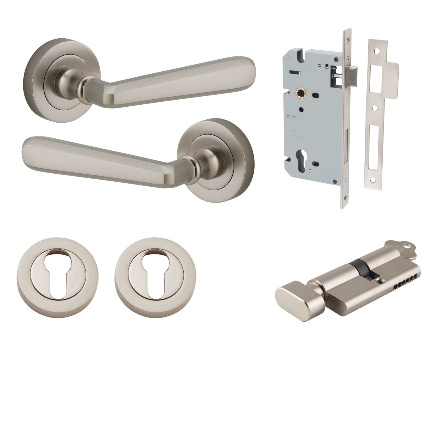 Iver Door Handle Copenhagen Round Rose Key/Thumb Satin Nickel Entrance Kit
