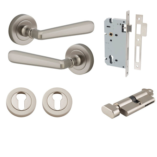 Iver Door Handle Copenhagen Round Rose Key/Thumb Satin Nickel Entrance Kit