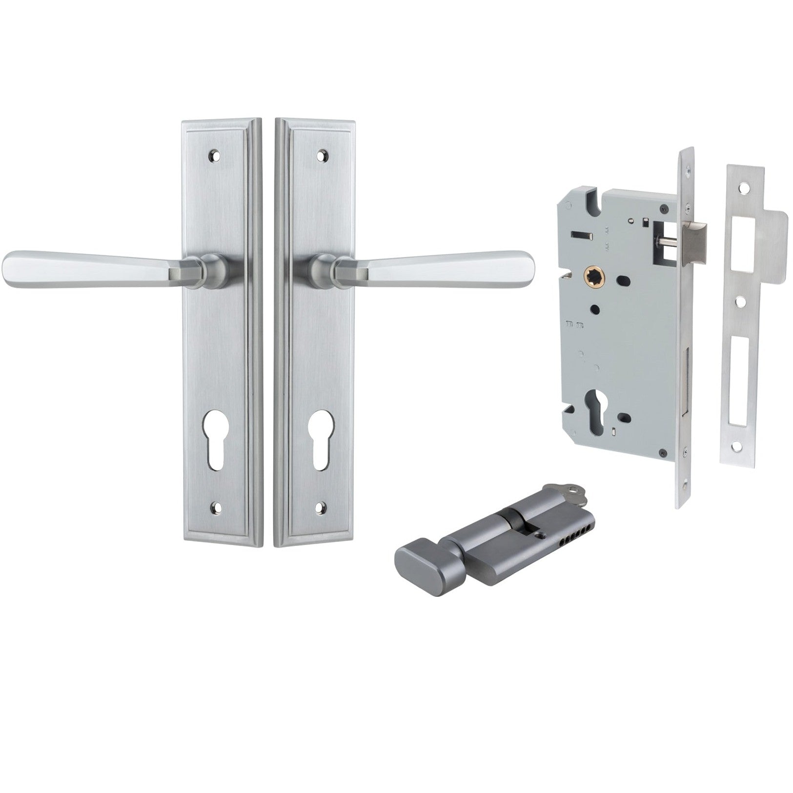 Iver Door Handle Copenhagen Stepped Euro Pair Key/Thumb Brushed Chrome Entrance Kit