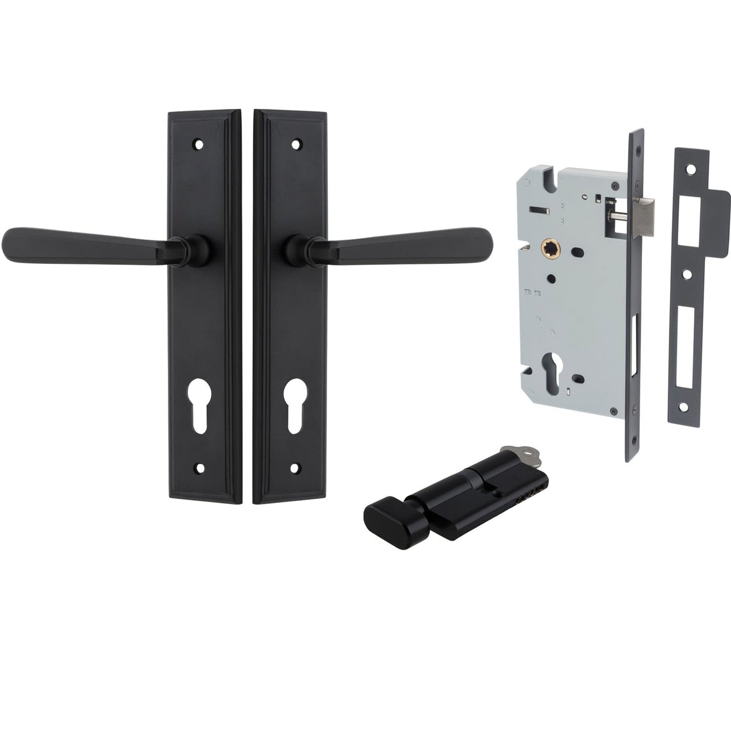 Iver Door Handle Copenhagen Stepped Euro Pair Key/Thumb Matt Black Entrance Kit