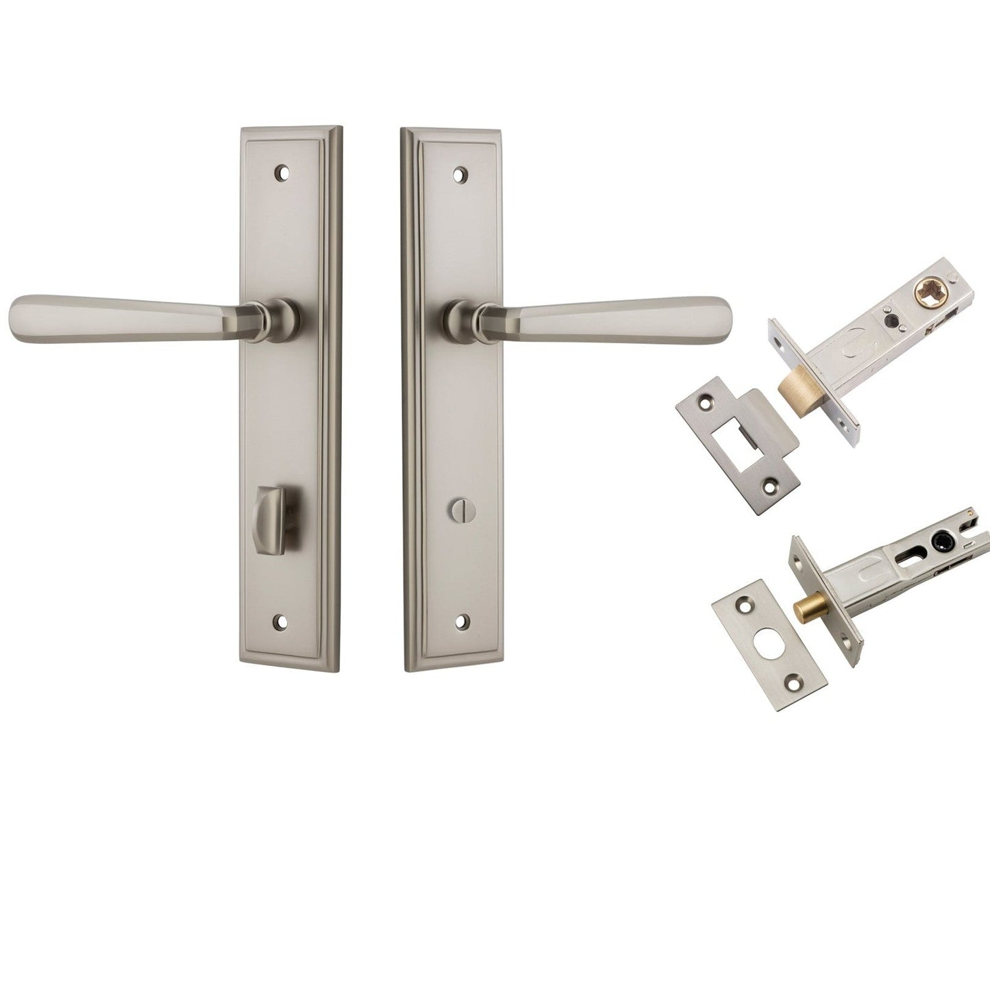 Iver Door Handle Copenhagen Stepped Privacy Pair Satin Nickel Inbuilt Privacy Kit