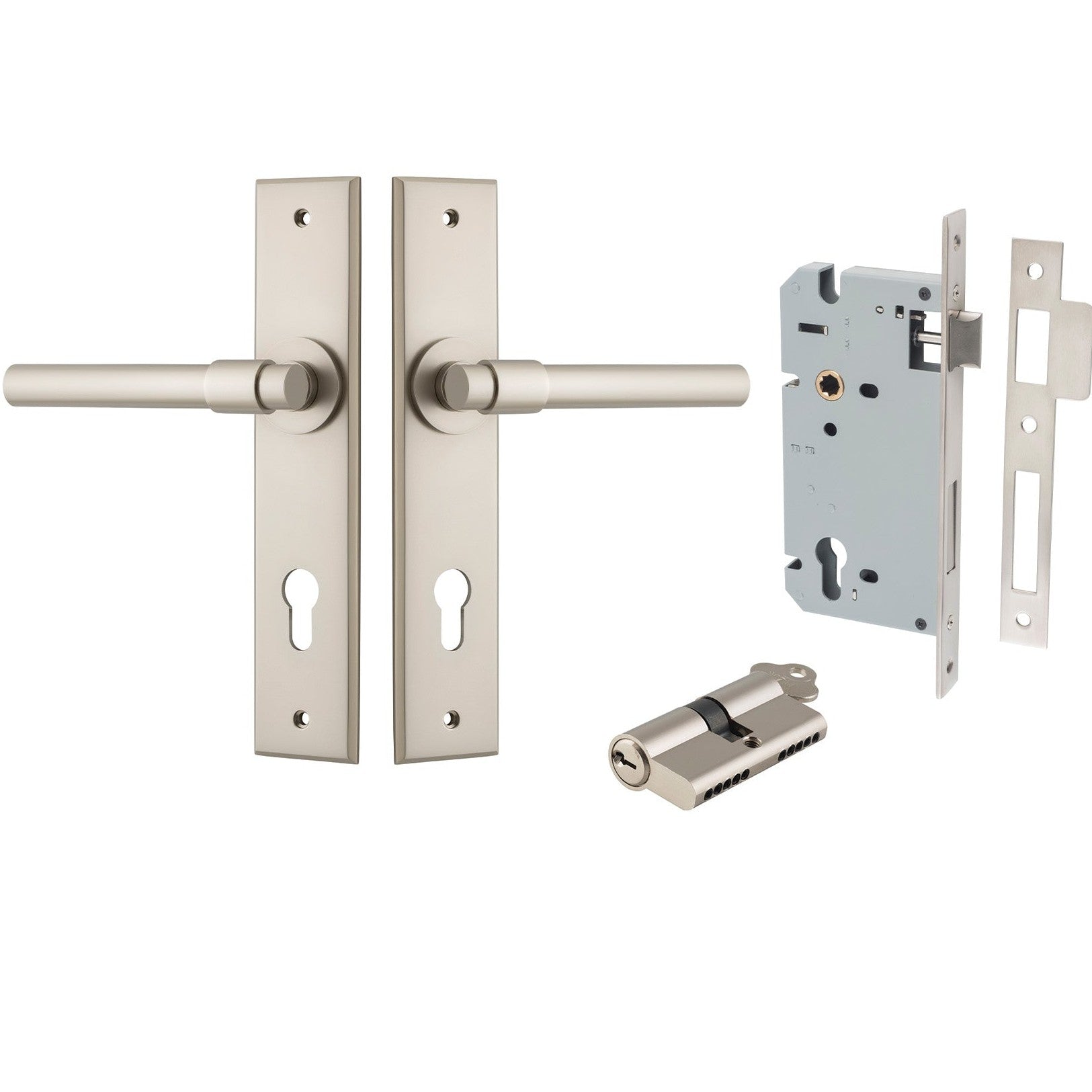 Iver Door Handle Helsinki Chamfered Key/Key Satin Nickel Entrance Kit