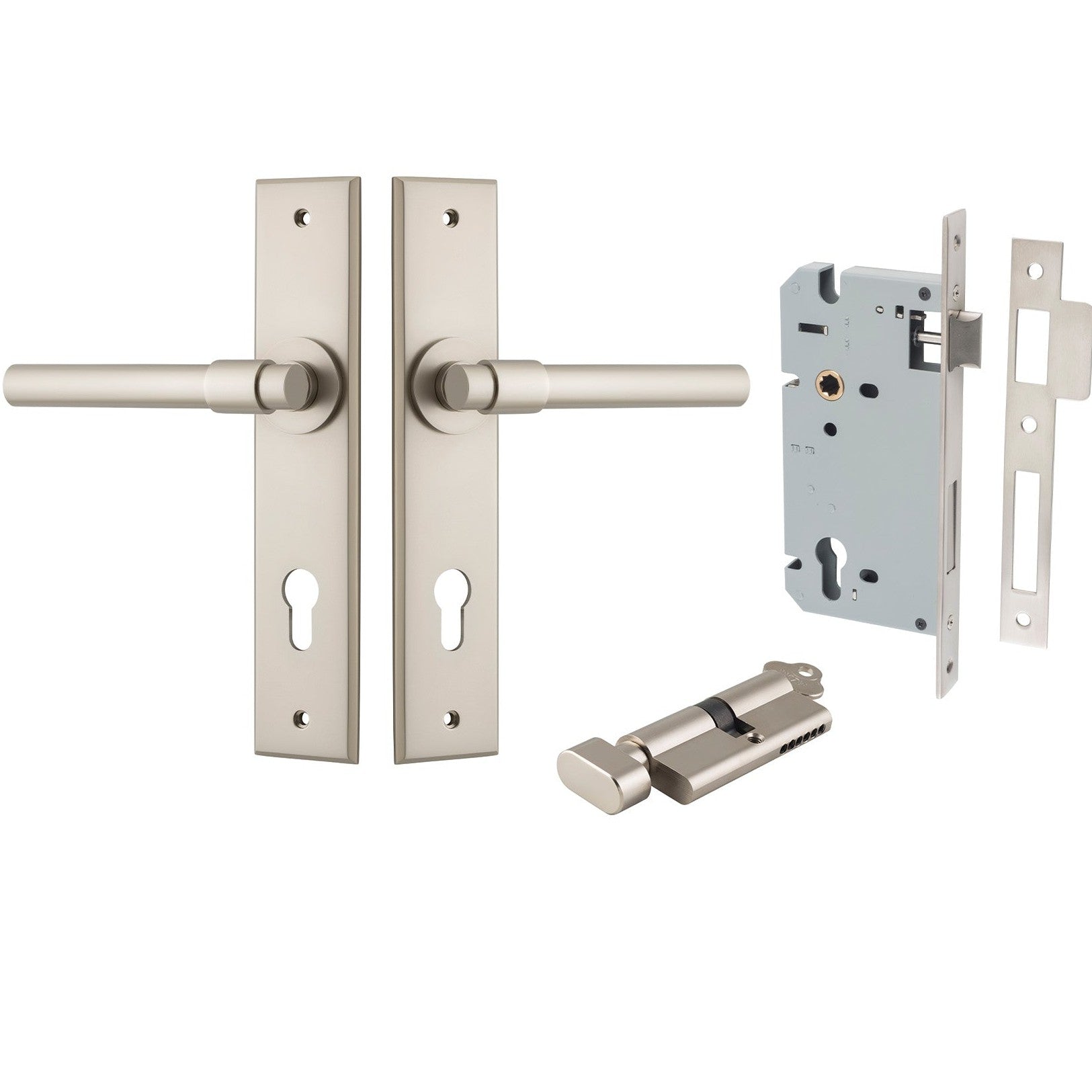 Iver Door Handle Helsinki Chamfered Key/Thumb Satin Nickel Entrance Kit