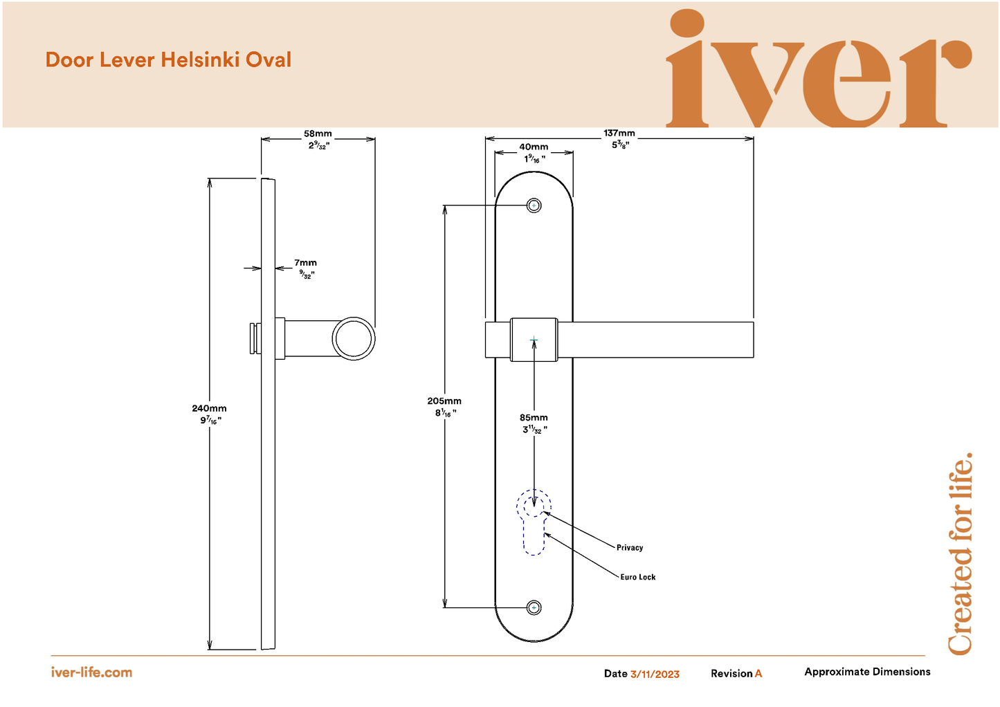 Iver Door Handle Helsinki Oval Brushed Gold PVD Passage Kit