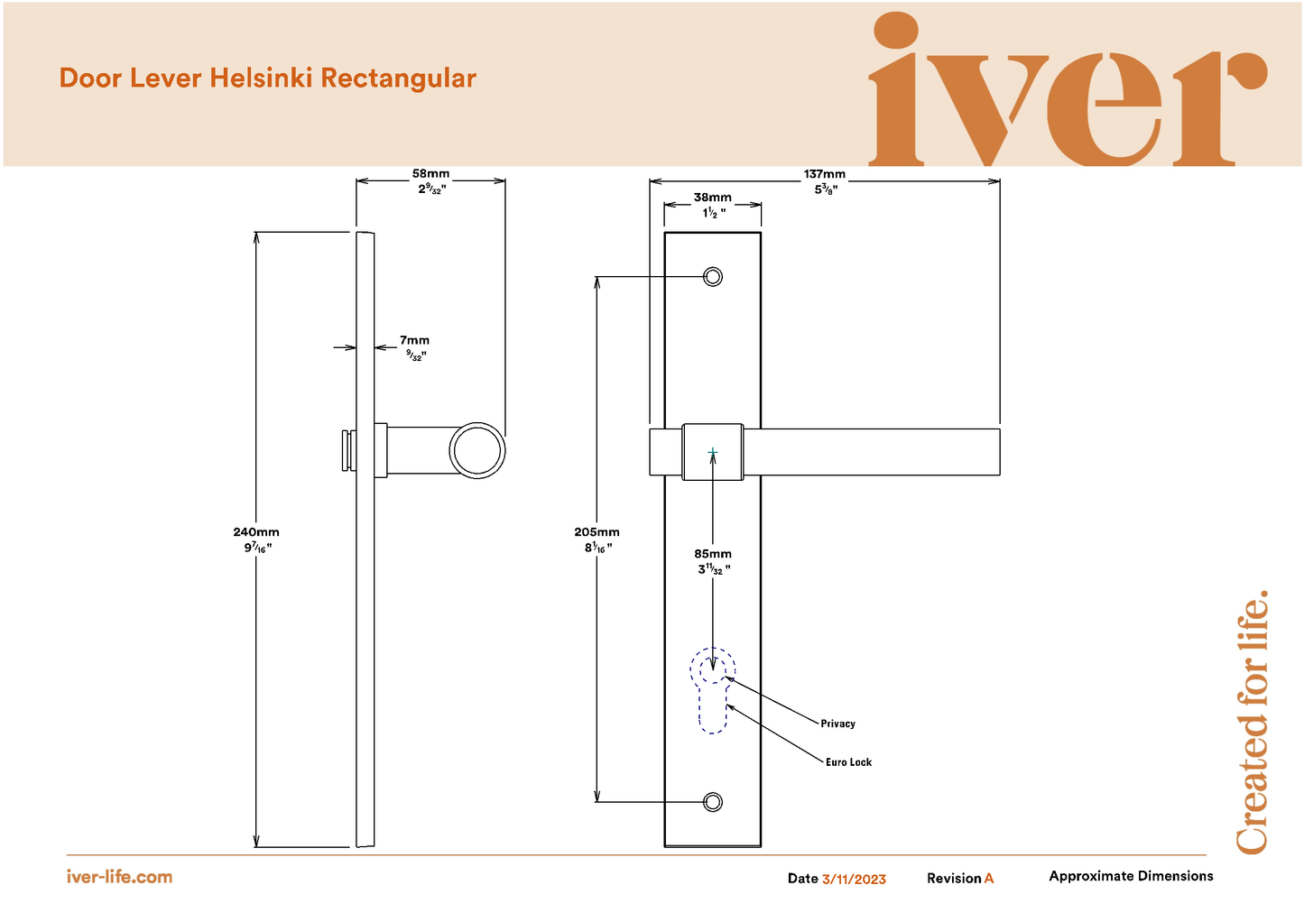 Iver Door Handle Helsinki Rectangular Brushed Gold PVD Passage Kit