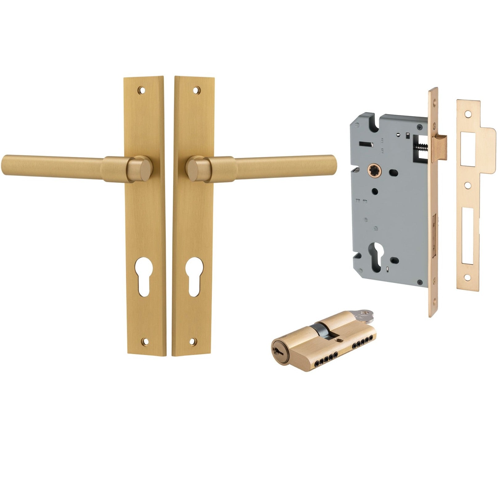 Iver Door Handle Helsinki Rectangular Euro Pair Key/Key Brushed Brass Entrance Kit