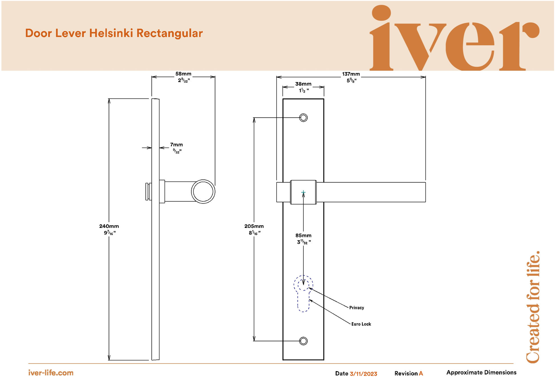 Iver Door Handle Helsinki Rectangular Euro Pair Key/Key Brushed Gold PVD Entrance Kit