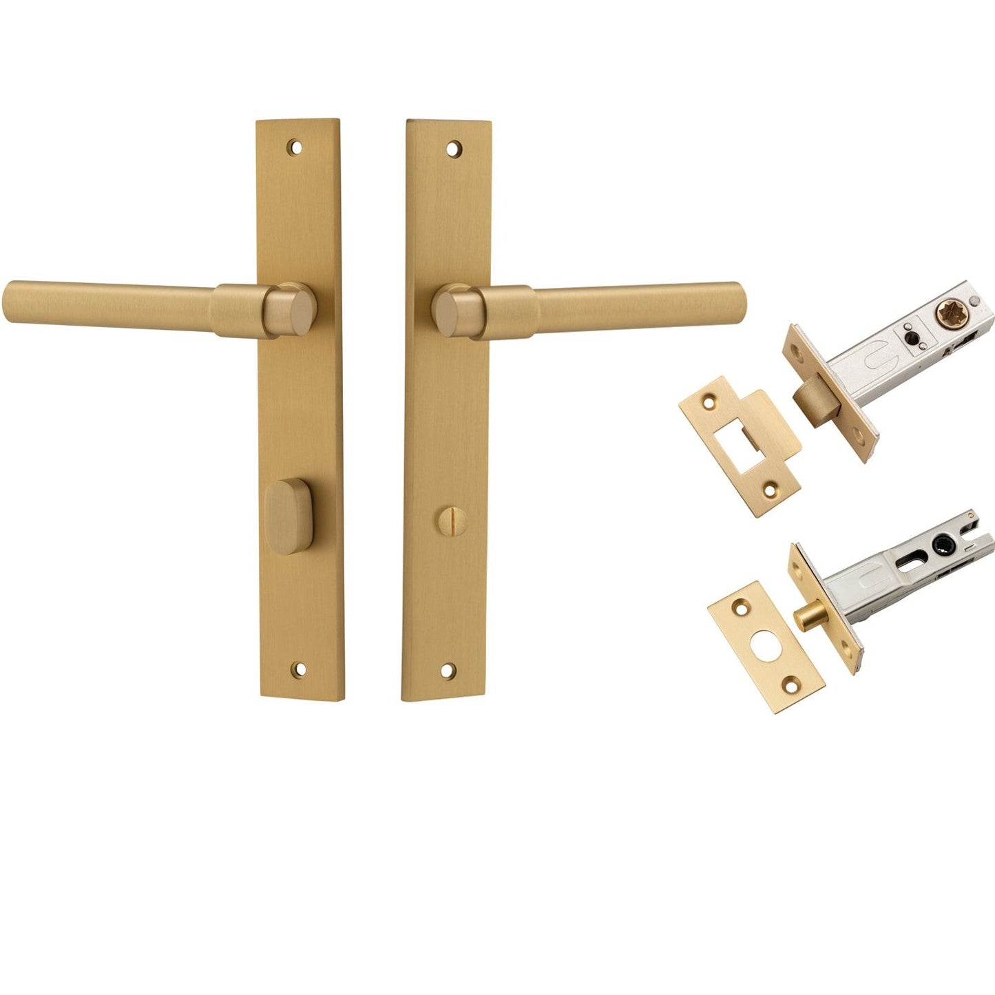 Iver Door Handle Helsinki Rectangular Privacy Pair Brushed Brass Inbuilt Privacy Kit