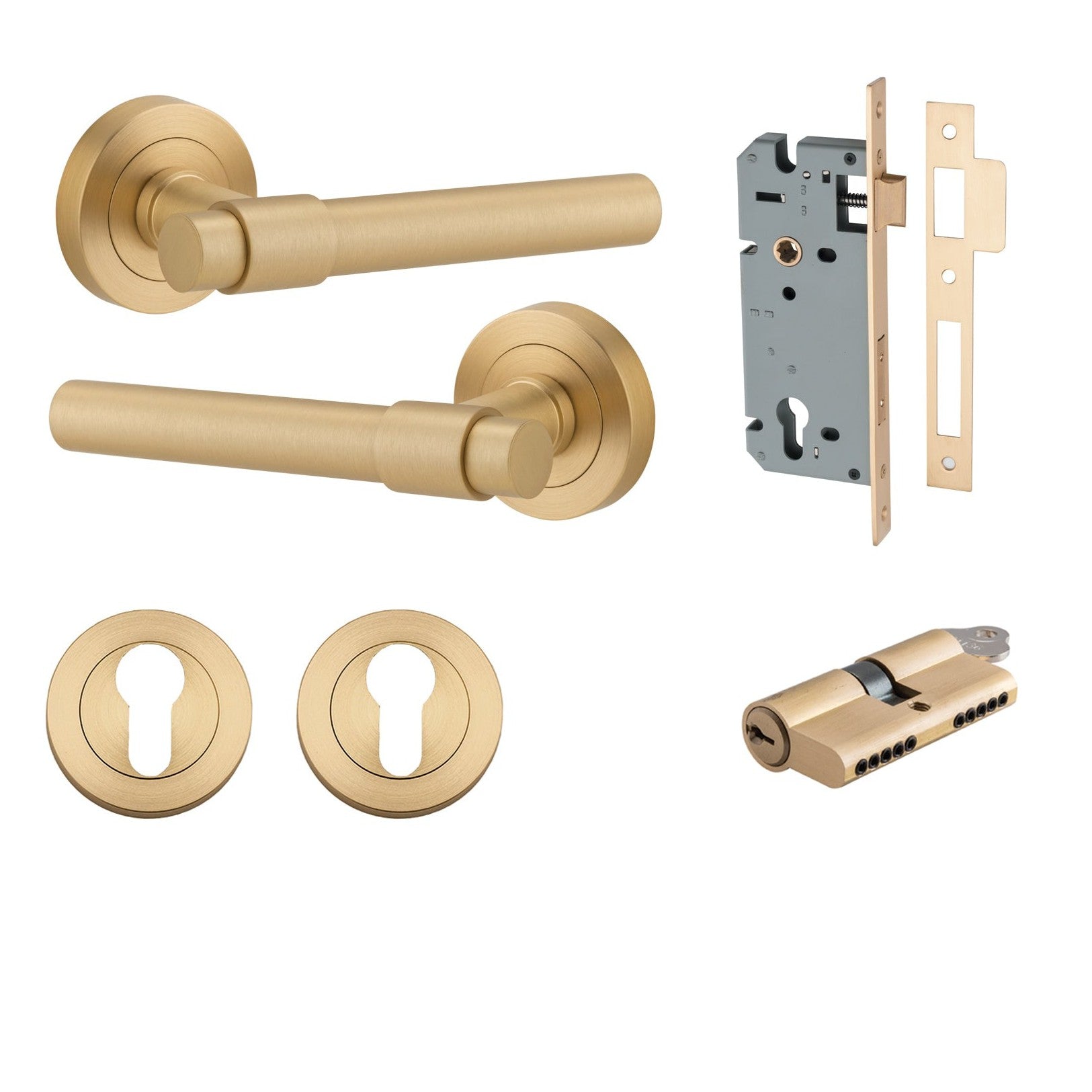 Iver Door Handle Helsinki Round Rose Key/Key Brushed Brass Entrance Kit