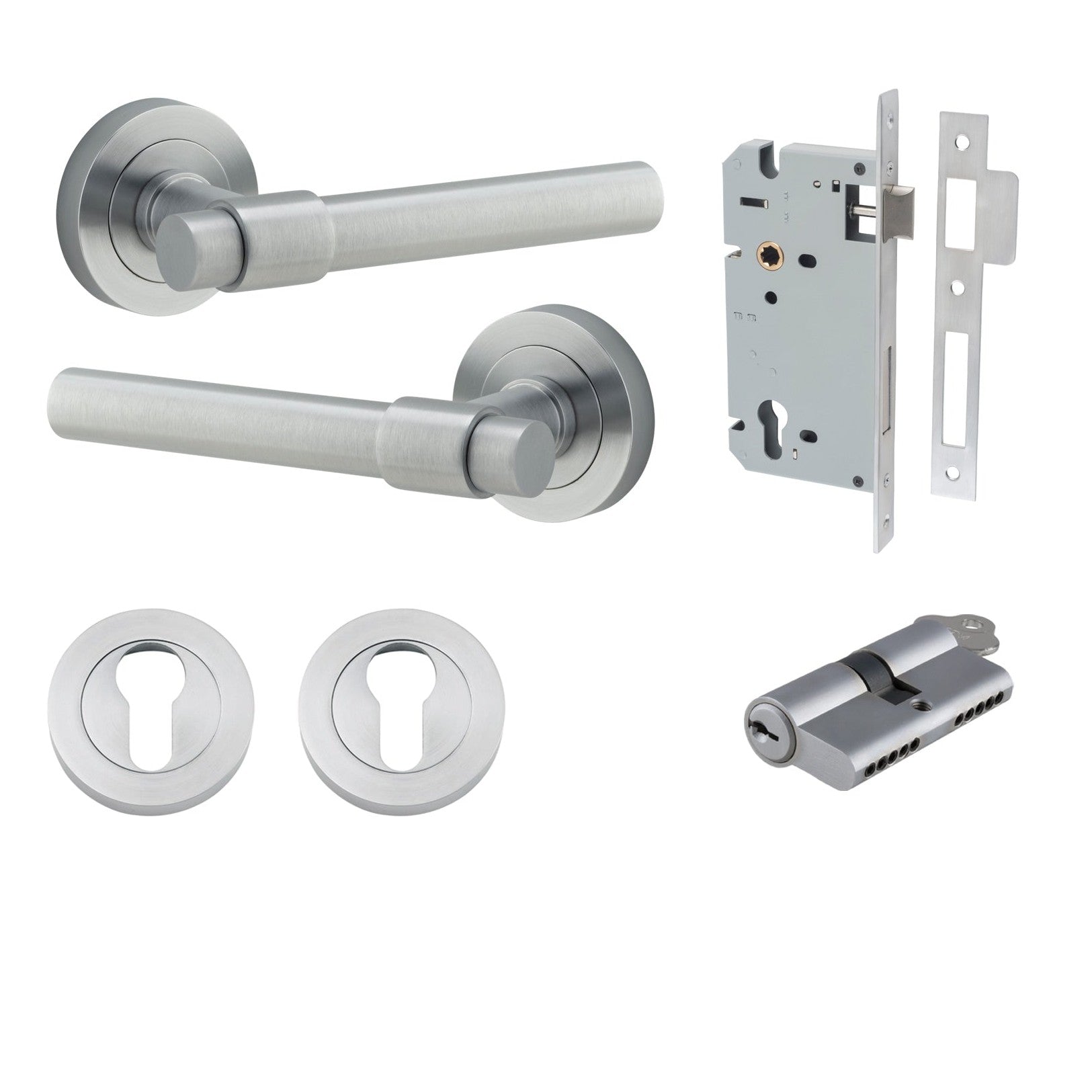 Iver Door Handle Helsinki Round Rose Key/Key Brushed Chrome Entrance Kit