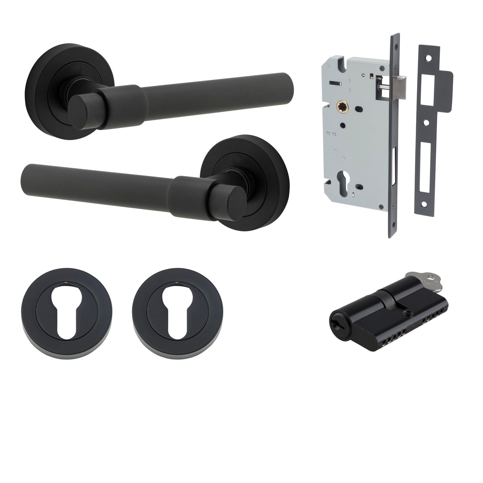 Iver Door Handle Helsinki Round Rose Key/Key Matt Black Entrance Kit