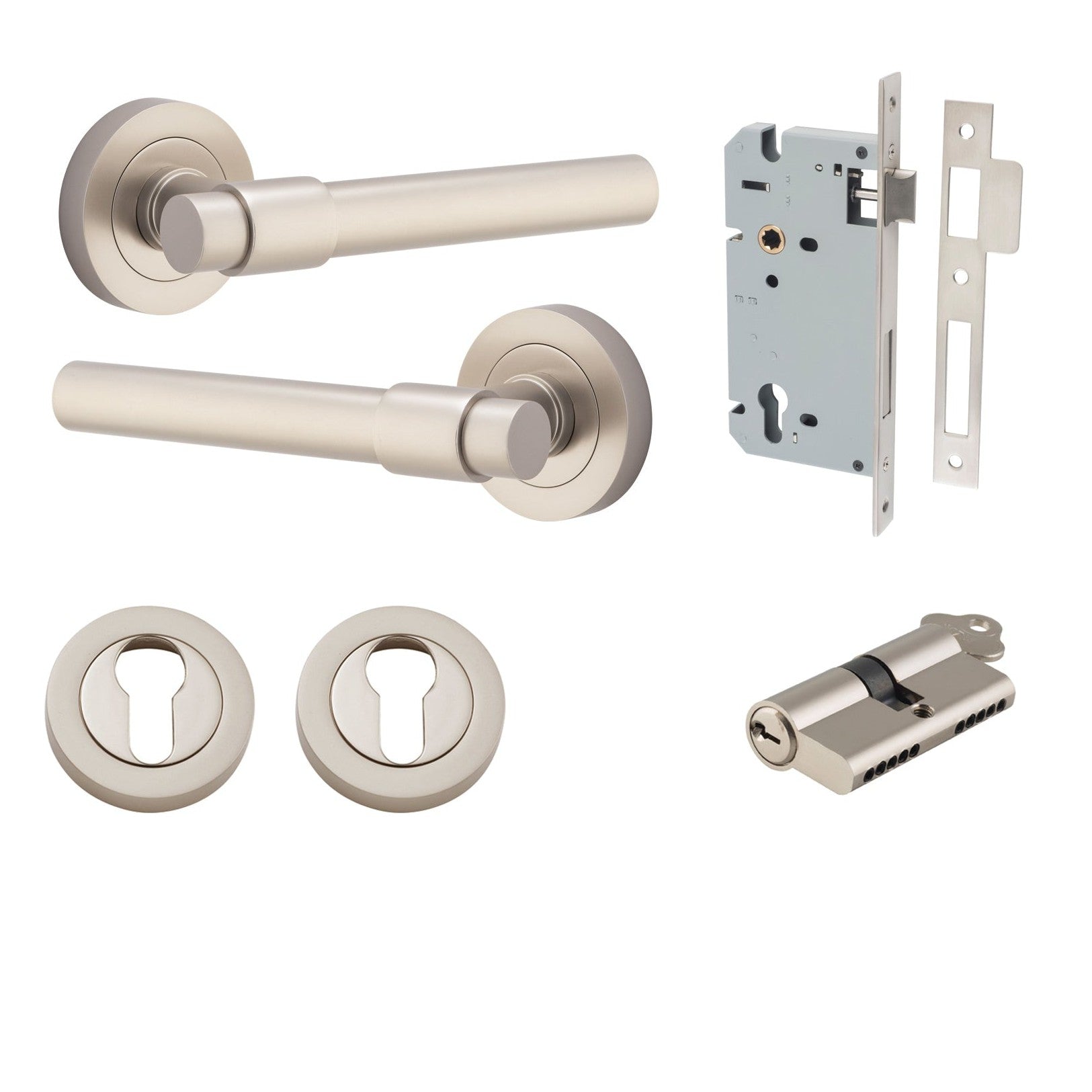 Iver Door Handle Helsinki Round Rose Key/Key Satin Nickel Entrance Kit