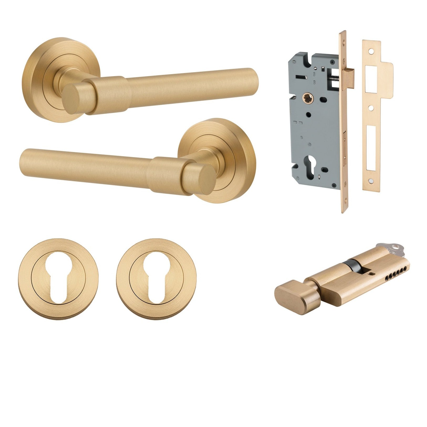 Iver Door Handle Helsinki Round Rose Key/Thumb Brushed Brass Entrance Kit