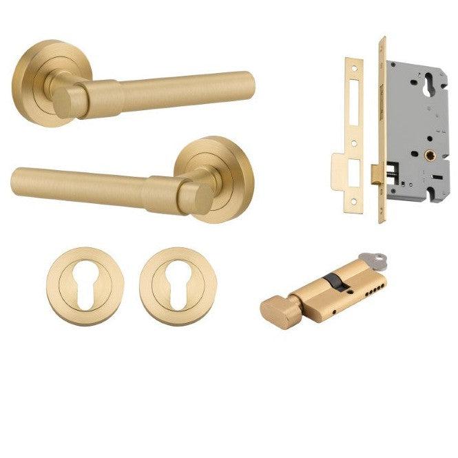 Iver Door Handle Helsinki Round Rose Key/Thumb Brushed Gold PVD Entrance Kit