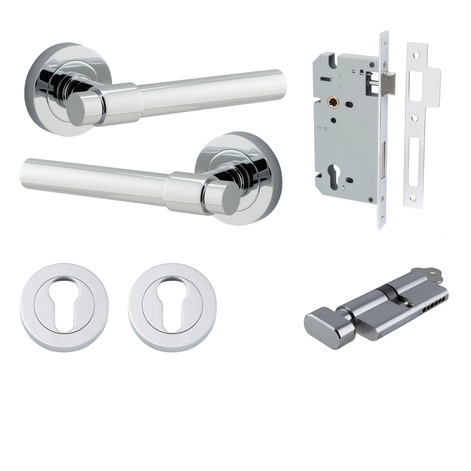 Iver Door Handle Helsinki Round Rose Key/Thumb Polished Chrome Entrance Kit