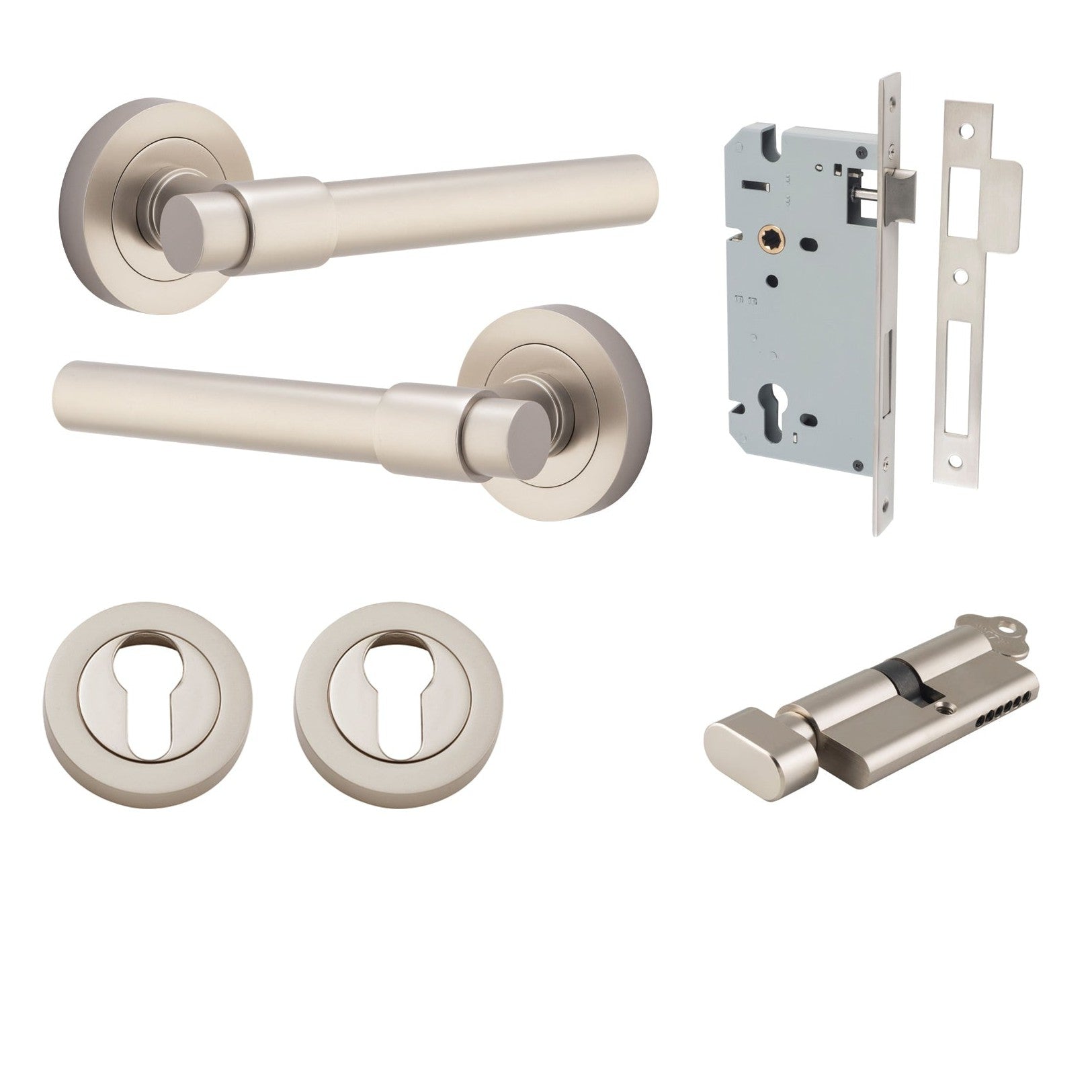 Iver Door Handle Helsinki Round Rose Key/Thumb Satin Nickel Entrance Kit