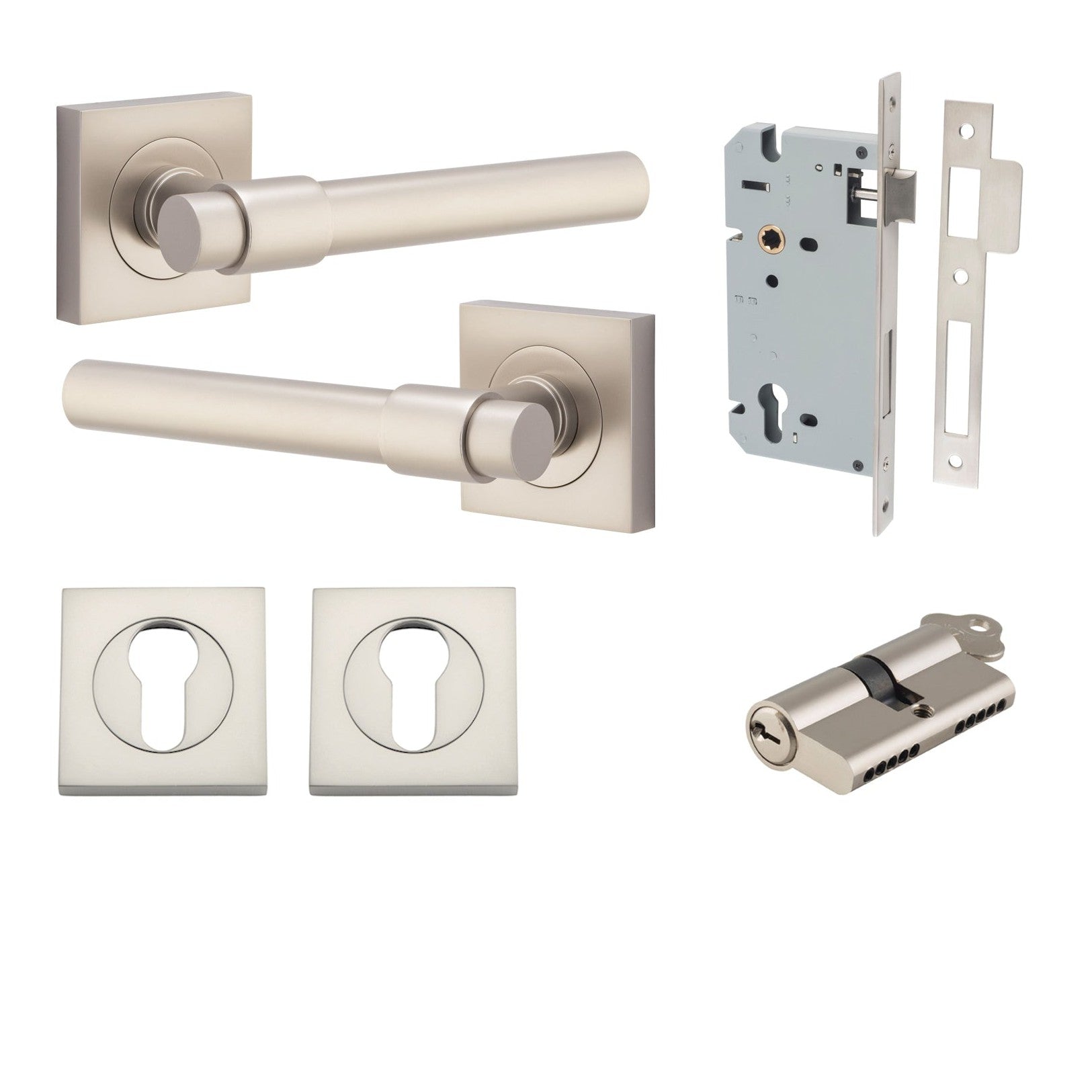 Iver Door Handle Helsinki Square Rose Key/Key Satin Nickel Entrance Kit