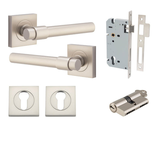 Iver Door Handle Helsinki Square Rose Key/Key Satin Nickel Entrance Kit