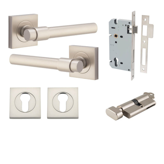 Iver Door Handle Helsinki Square Rose Key/Thumb Satin Nickel Entrance Kit