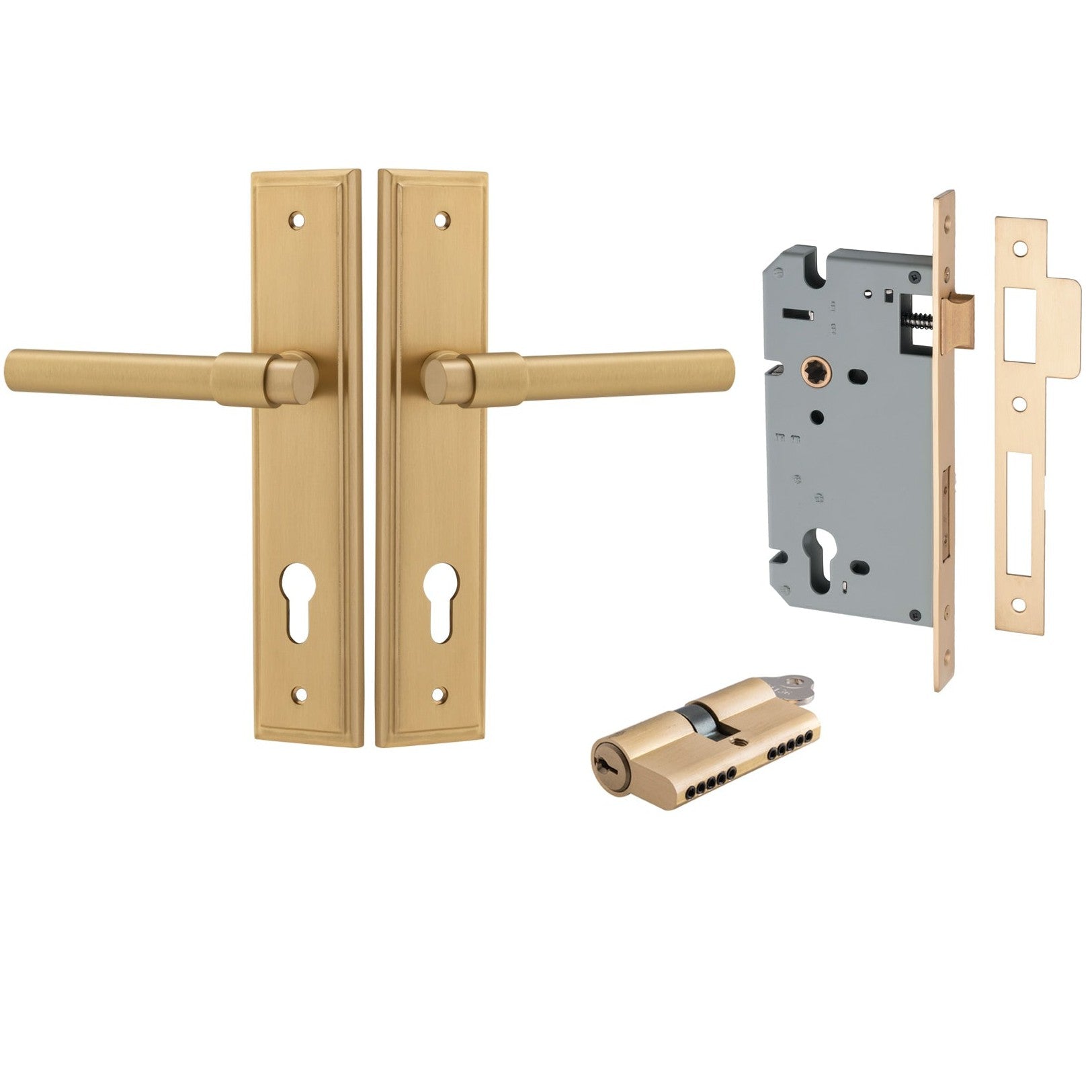 Iver Door Handle Helsinki Stepped Euro Pair Key/Key Brushed Brass Entrance Kit