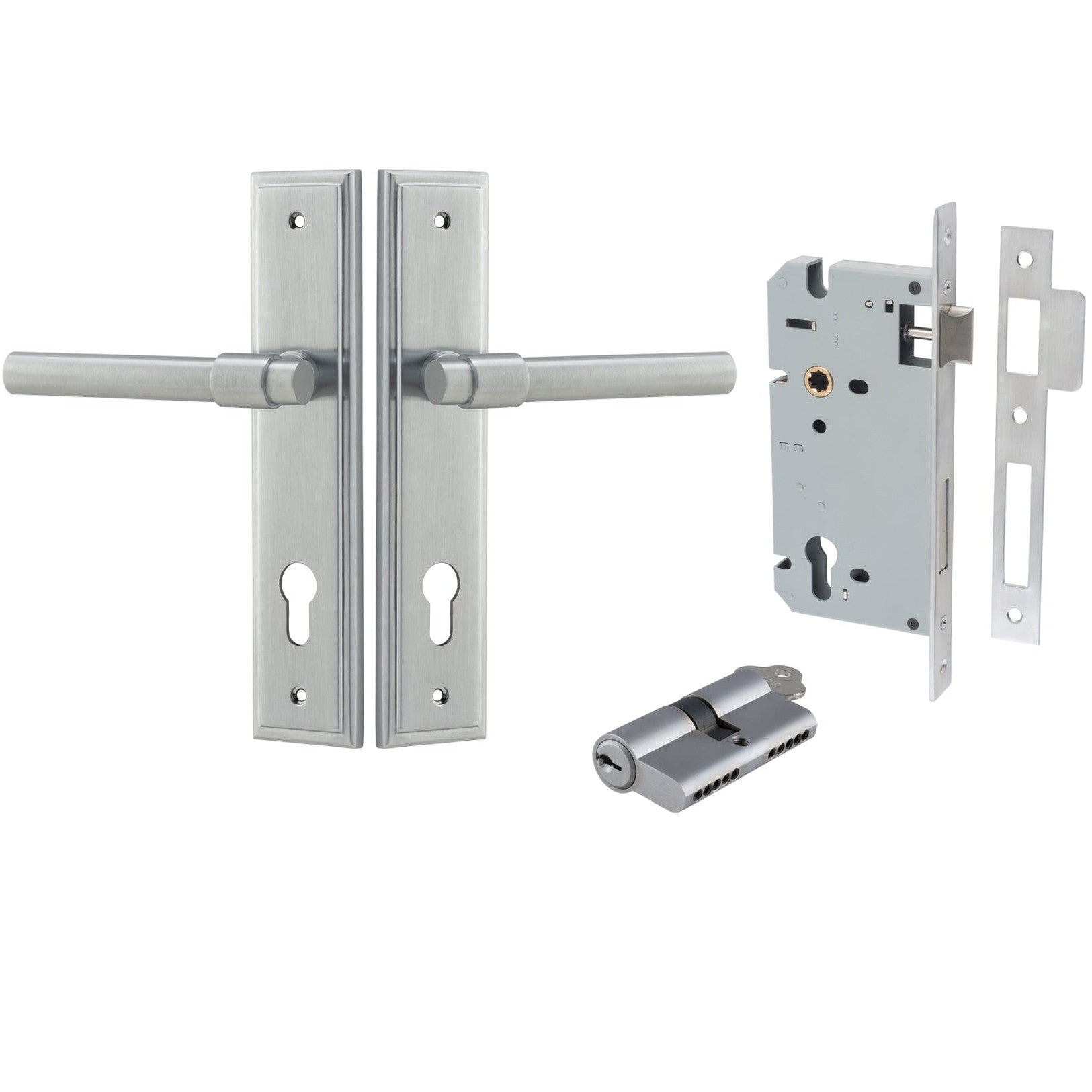 Iver Door Handle Helsinki Stepped Euro Pair Key/Key Brushed Chrome Entrance Kit