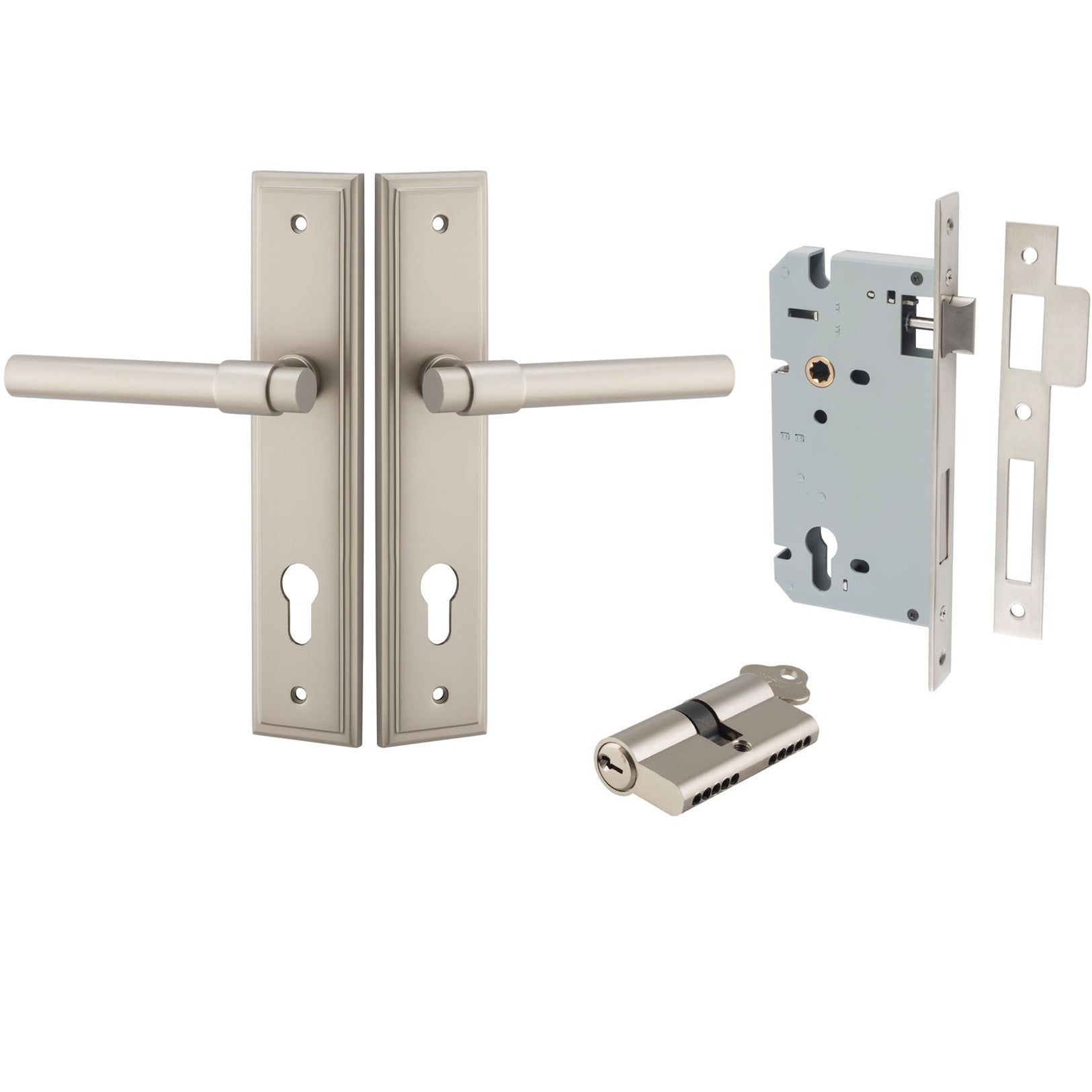 Iver Door Handle Helsinki Stepped Euro Pair Key/Key Satin Nickel Entrance Kit