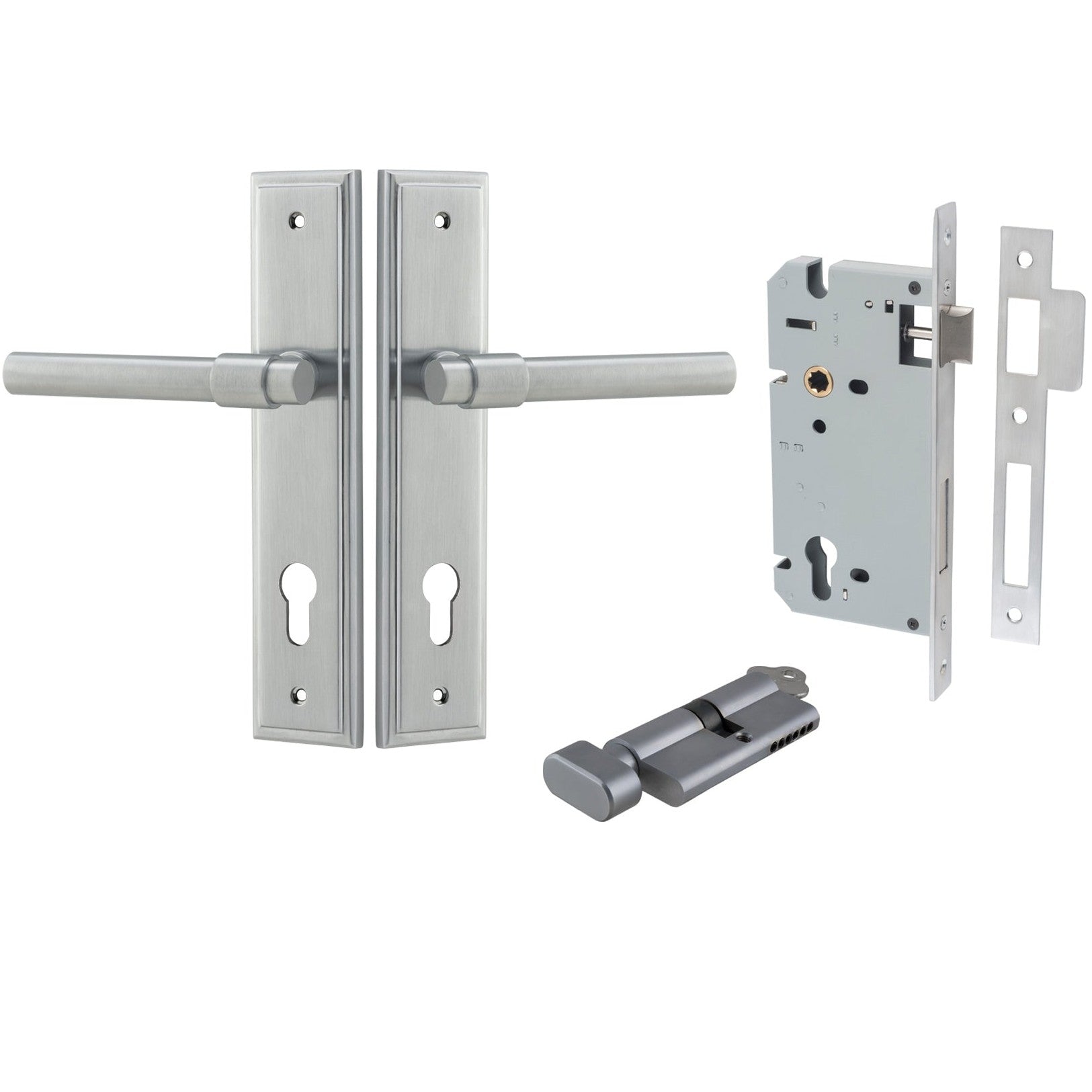 Iver Door Handle Helsinki Stepped Euro Pair Key/Thumb Brushed Chrome Entrance Kit