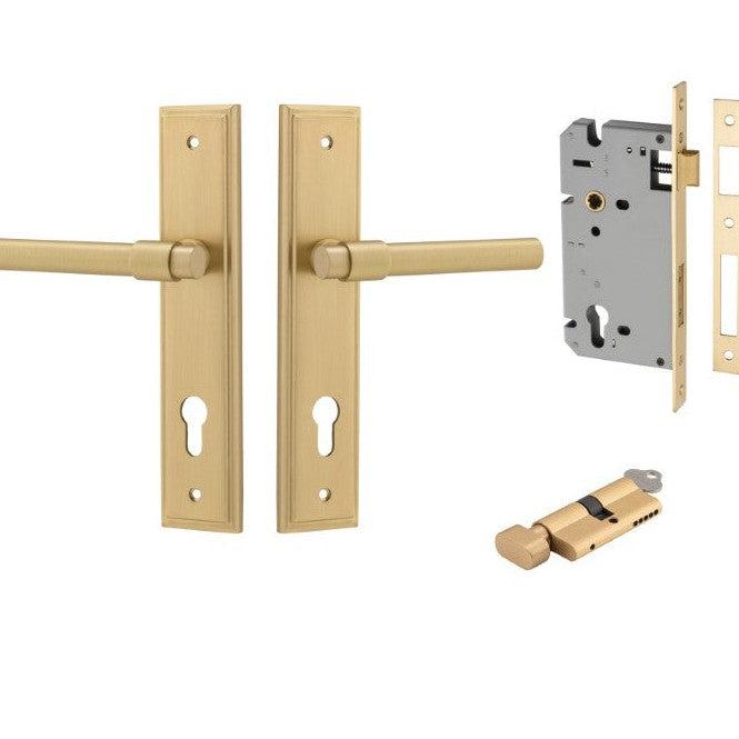 Iver Door Handle Helsinki Stepped Euro Pair Key/Thumb Brushed Gold PVD Entrance Kit