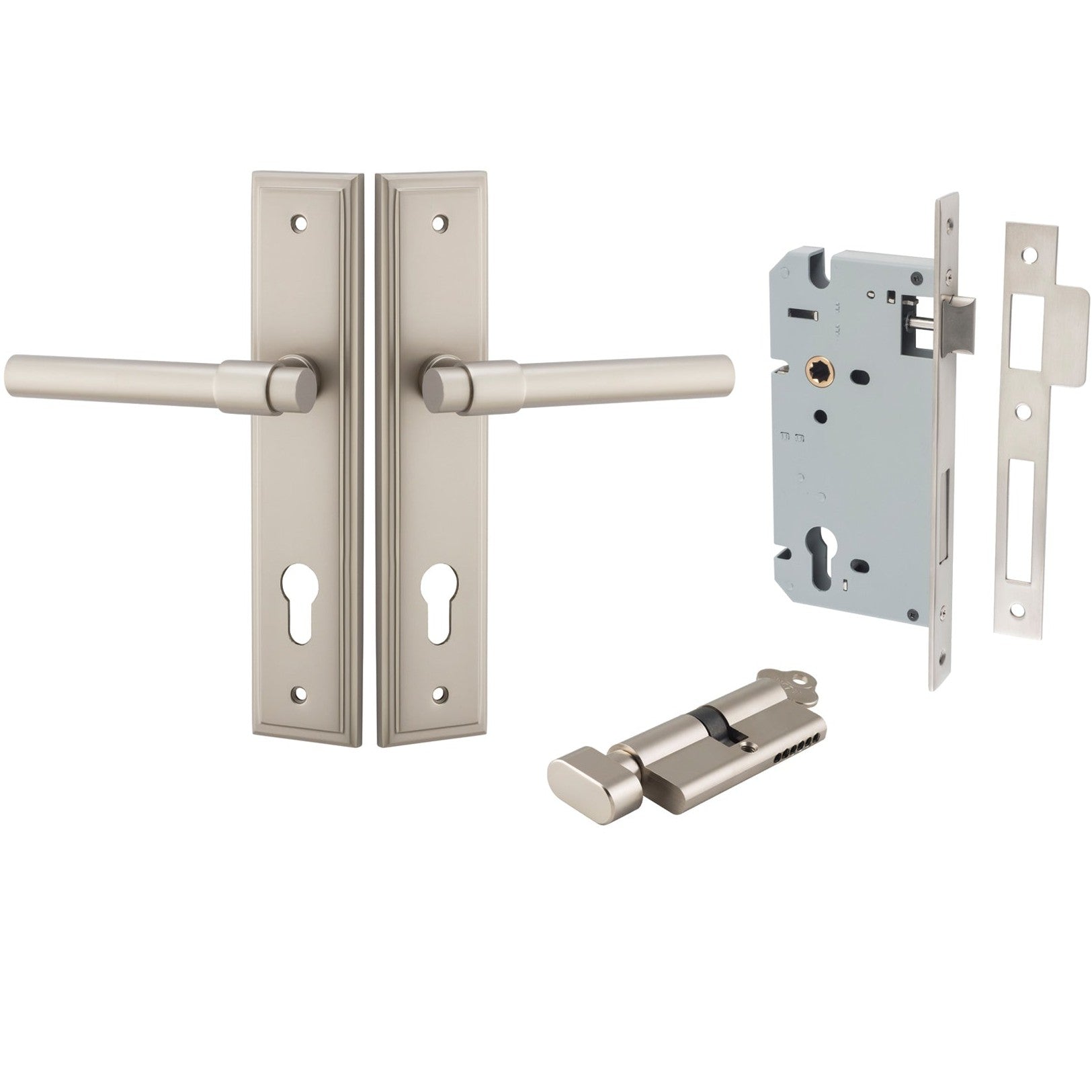 Iver Door Handle Helsinki Stepped Euro Pair Key/Thumb Satin Nickel Entrance Kit