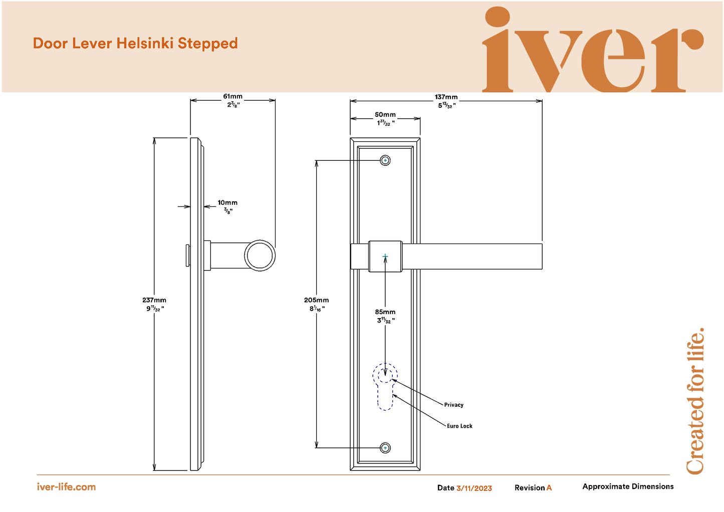 Iver Door Handle Helsinki Stepped Euro Pair Signature Brass