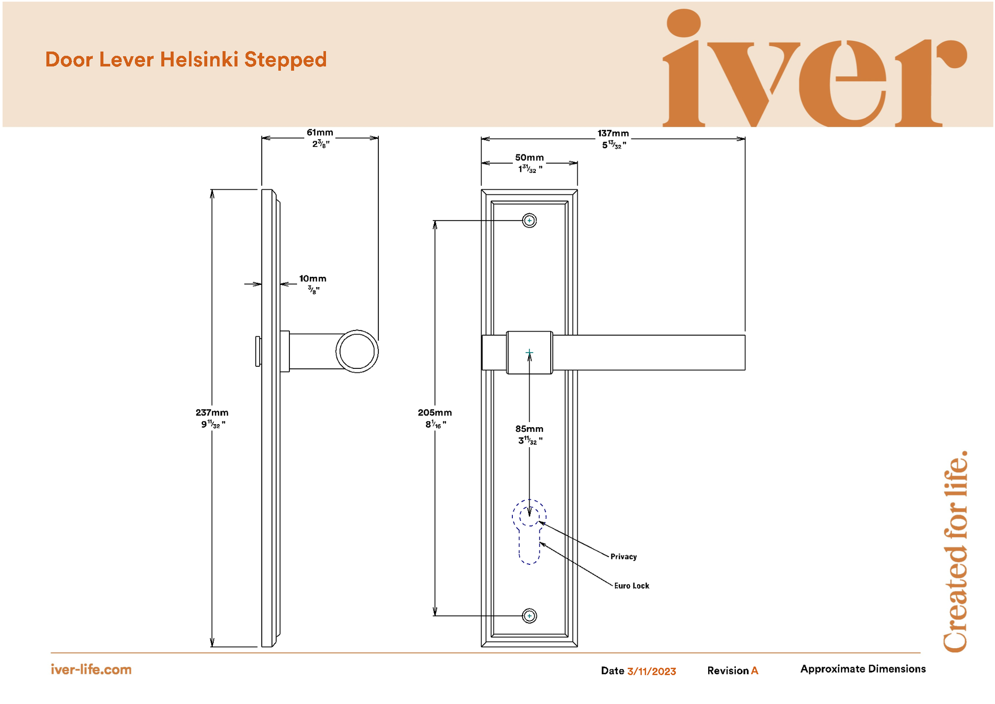 Iver Door Handle Helsinki Stepped Euro Pair Signature Brass