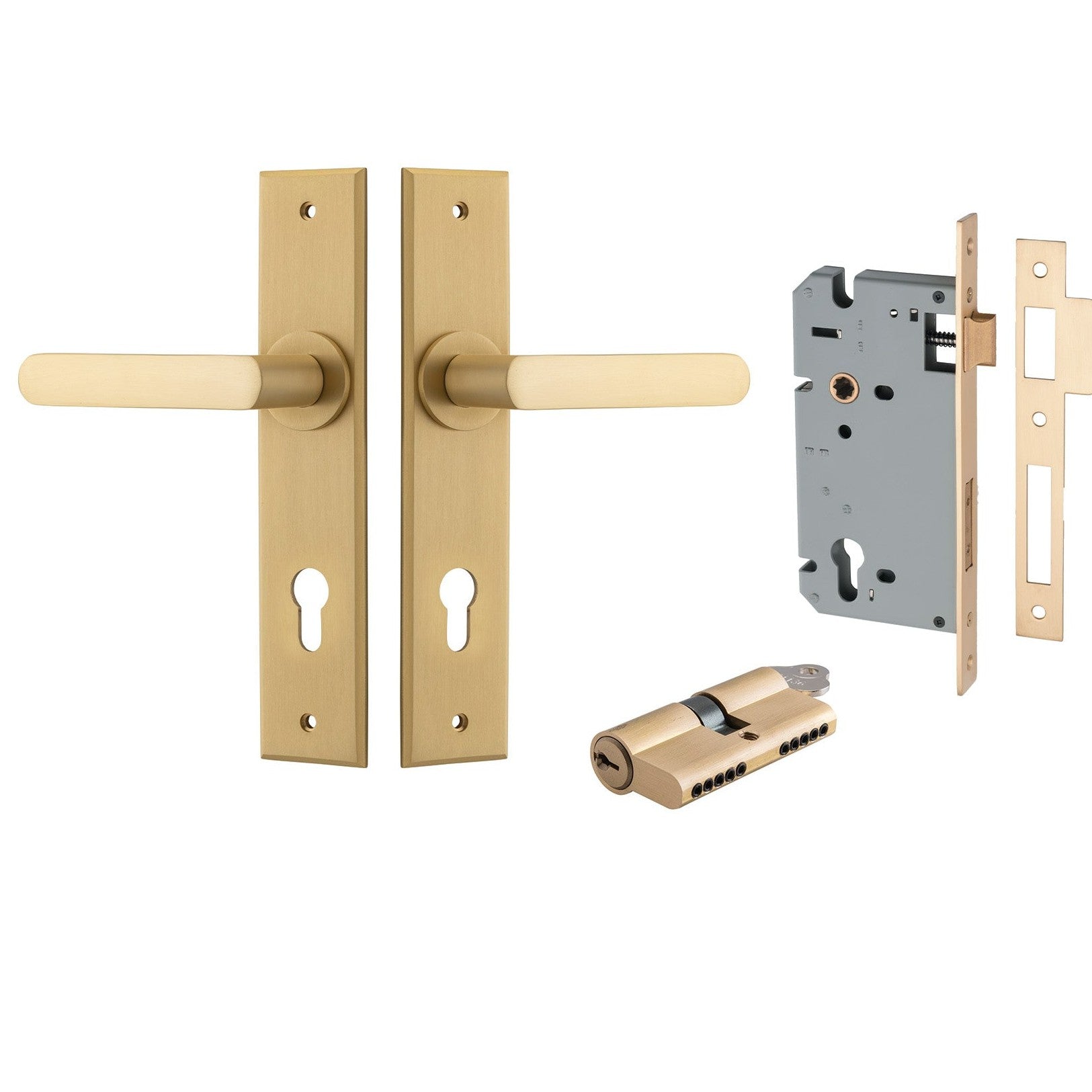 Iver Door Handle Osaka Chamfered Key/Key Brushed Brass Entrance Kit