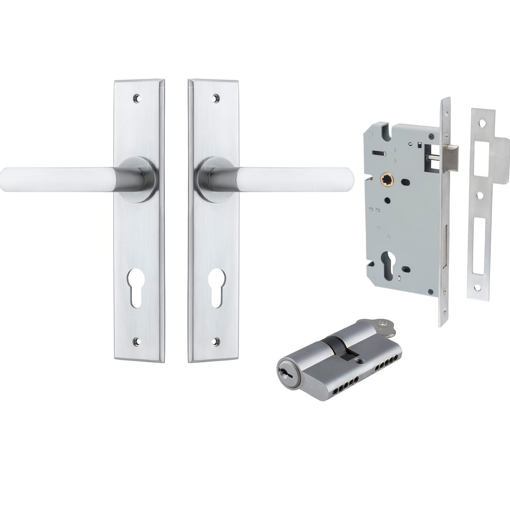 Iver Door Handle Osaka Chamfered Key/Key Brushed Chrome Entrance Kit