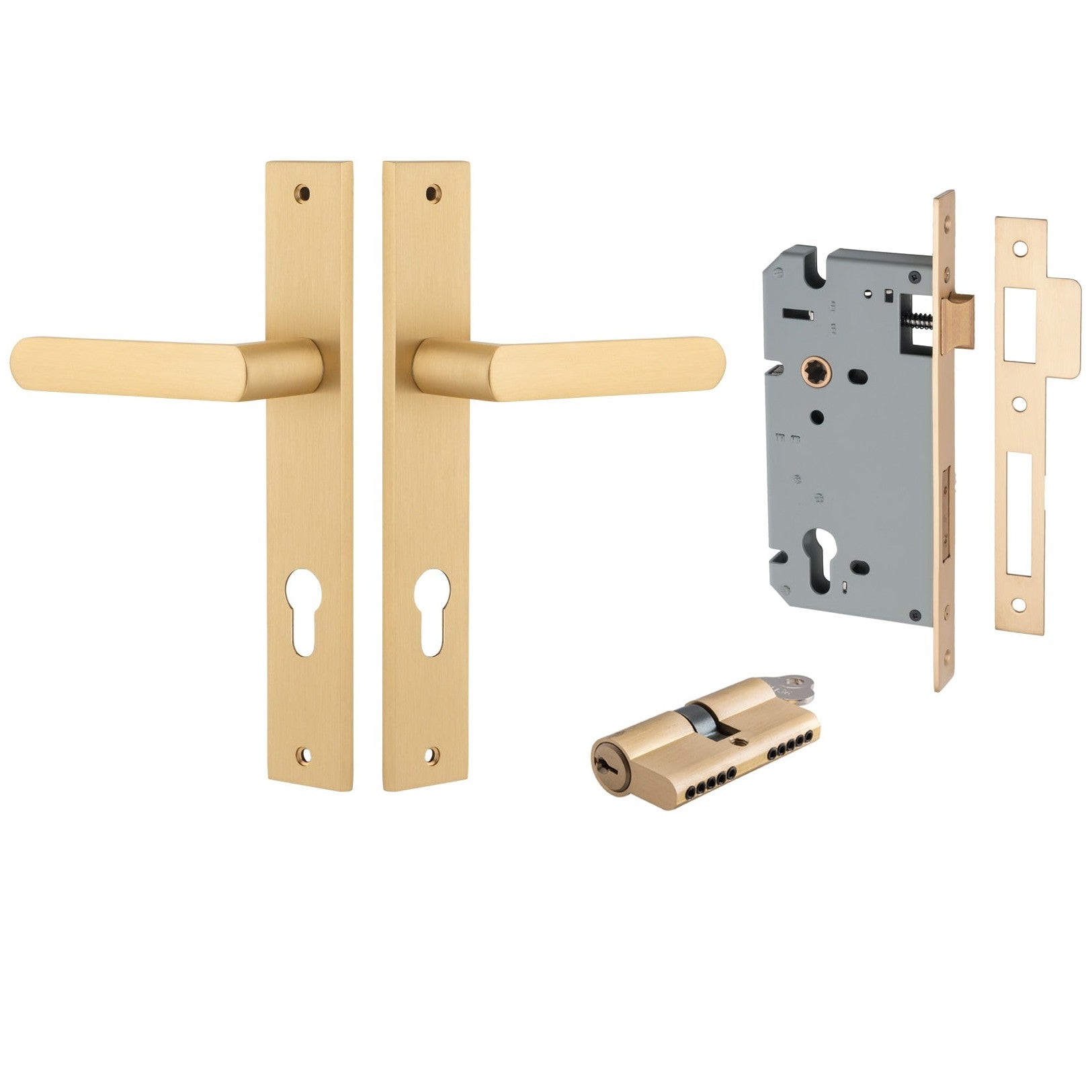 Iver Door Handle Osaka Rectangular Euro Pair Key/Key Brushed Brass Entrance Kit