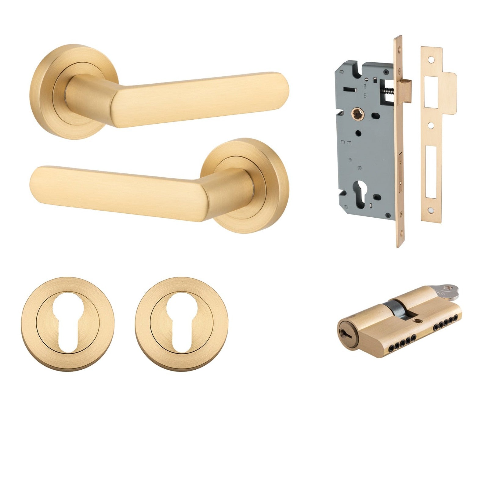 Iver Door Handle Osaka Round Rose Key/Key Brushed Brass Entrance Kit