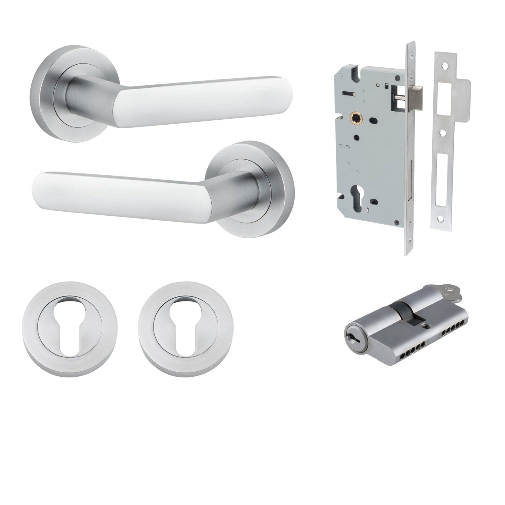 Iver Door Handle Osaka Round Rose Key/Key Brushed Chrome Entrance Kit