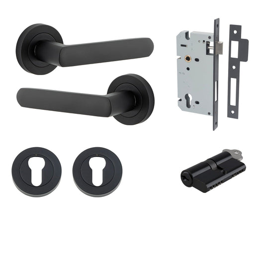 Iver Door Handle Osaka Round Rose Key/Key Matt Black Entrance Kit