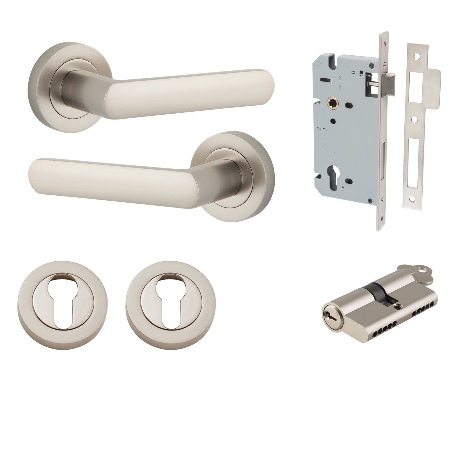 Iver Door Handle Osaka Round Rose Key/Key Satin Nickel Entrance Kit