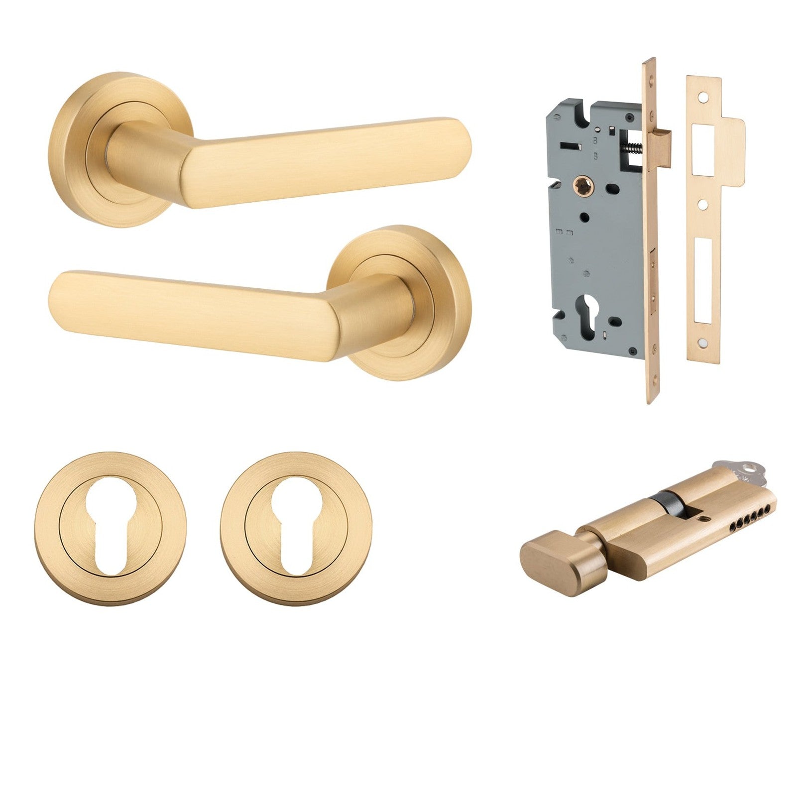 Iver Door Handle Osaka Round Rose Key/Thumb Brushed Brass Entrance Kit