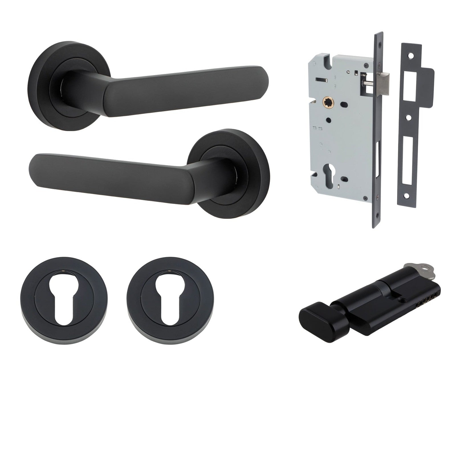 Iver Door Handle Osaka Round Rose Key/Thumb Matt Black Entrance Kit