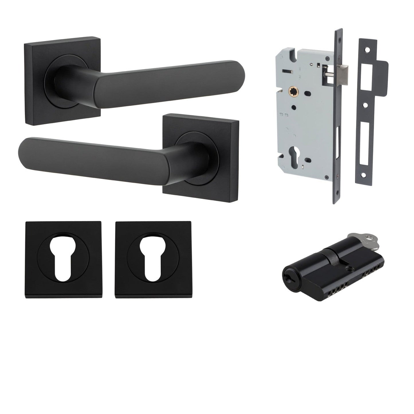 Iver Door Handle Osaka Square Rose Key/Key Matt Black Entrance Kit