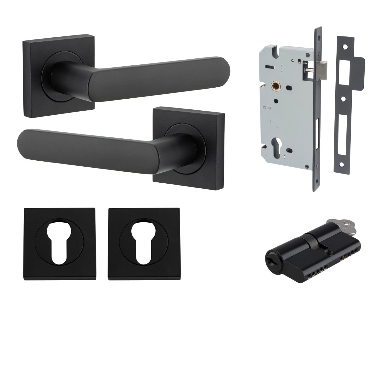 Iver Door Handle Osaka Square Rose Key/Key Matt Black Entrance Kit