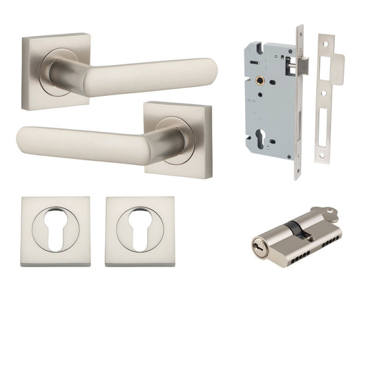 Iver Door Handle Osaka Square Rose Key/Key Satin Nickel Entrance Kit