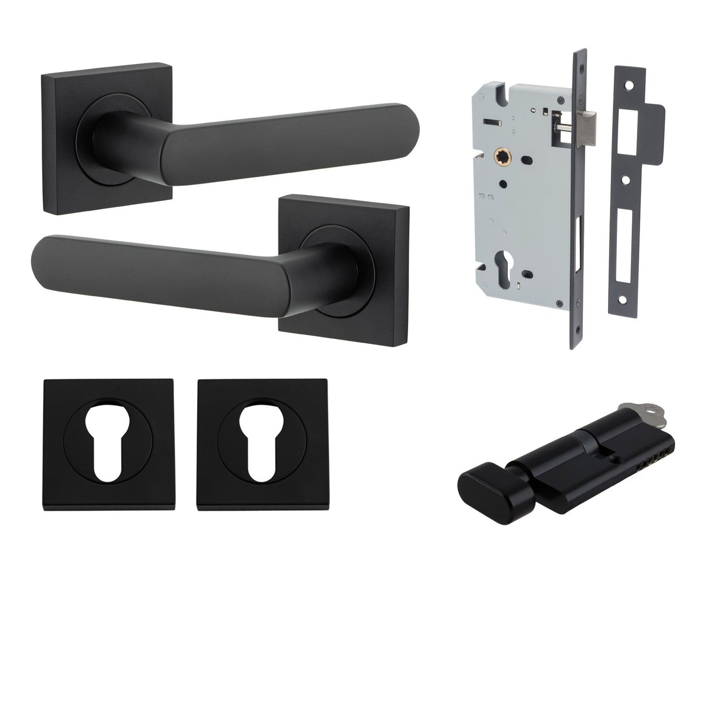 Iver Door Handle Osaka Square Rose Key/Thumb Matt Black Entrance Kit