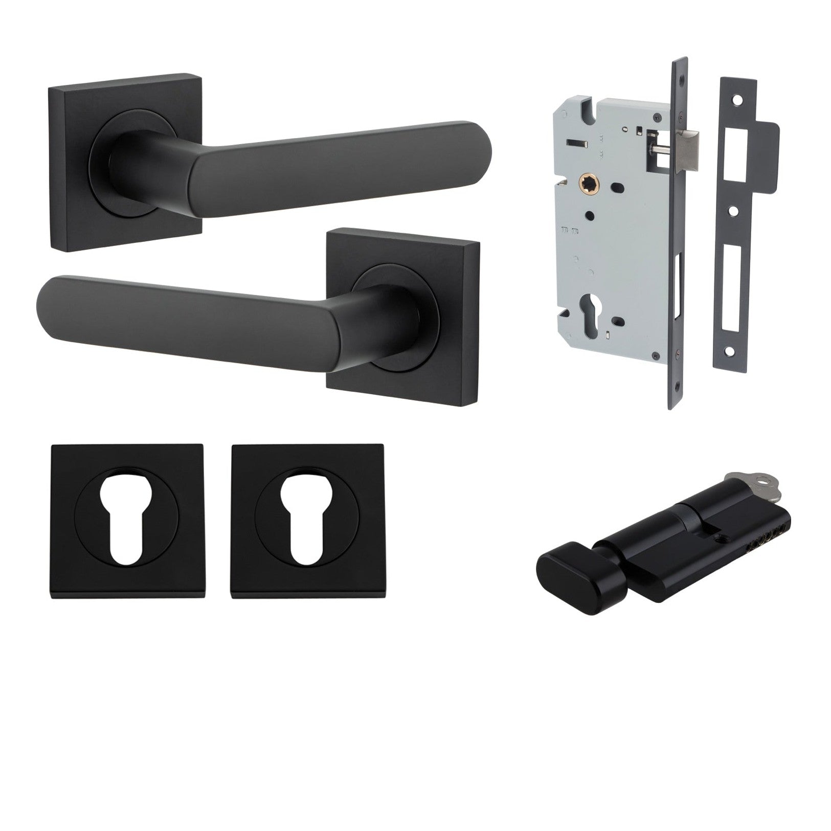 Iver Door Handle Osaka Square Rose Key/Thumb Matt Black Entrance Kit