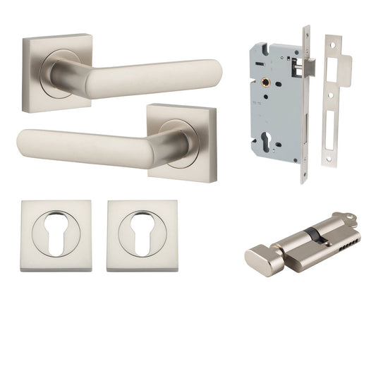 Iver Door Handle Osaka Square Rose Key/Thumb Satin Nickel Entrance Kit