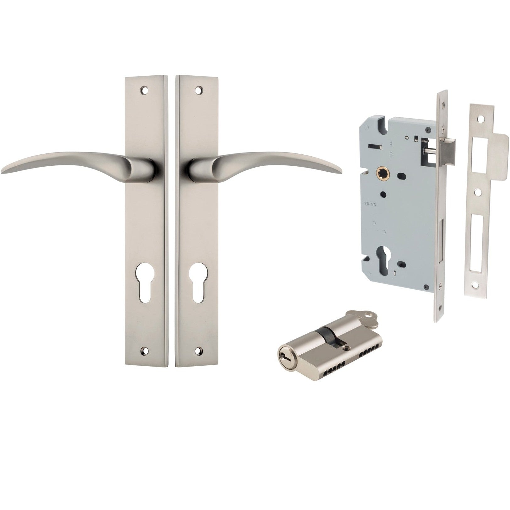 Iver Door Handle Oxford Rectangular Euro Key/Key Satin Nickel Entrance Kit