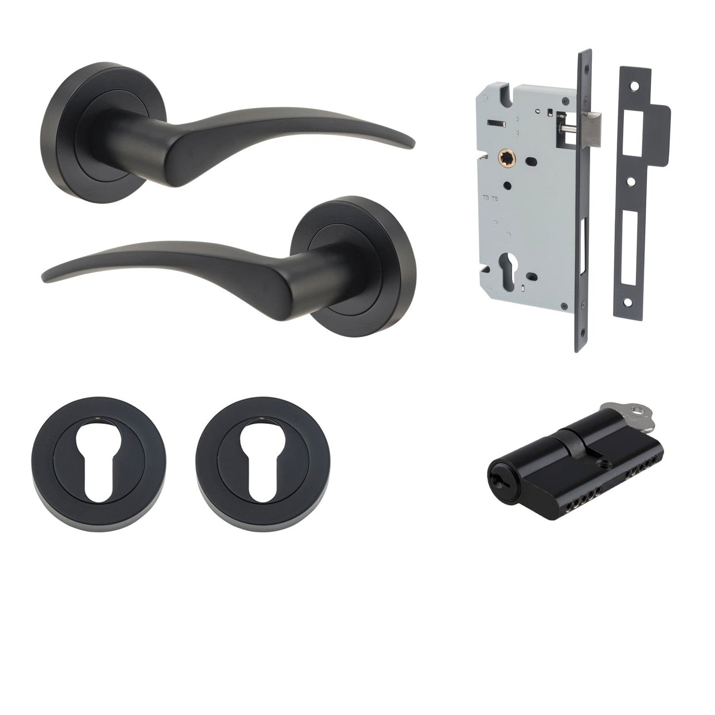 Iver Door Handle Oxford Round Rose Pair Key/Key Matt Black Entrance Kit